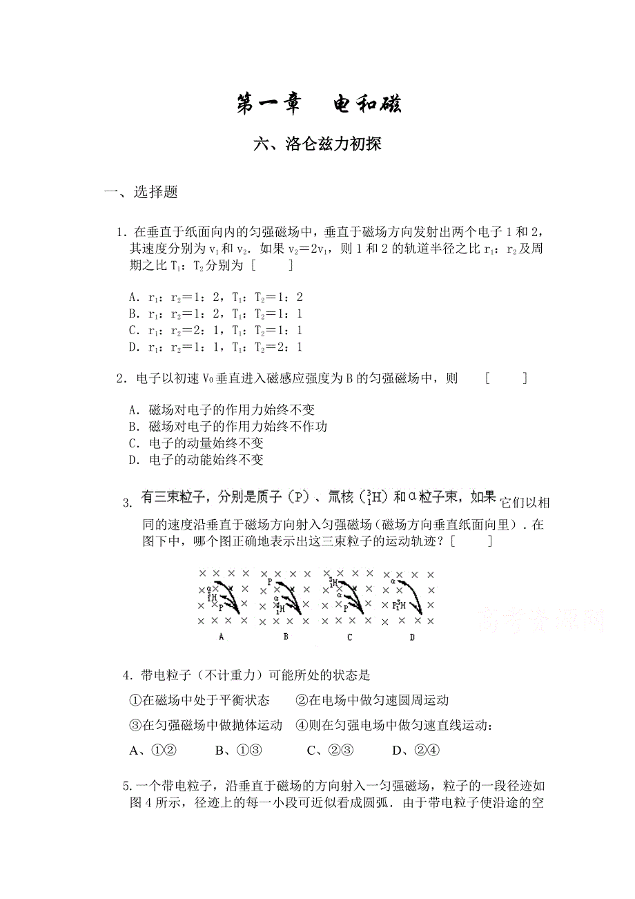 广东省佛山市三水区实验中学高中物理粤教版选修1-1 第1章 电与磁 第六节 洛伦兹力初探 (1).doc_第1页