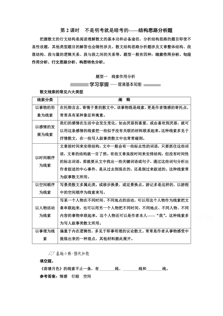 2022届新高考语文人教版一轮学案：专题二 现代文阅读Ⅱ 热考文体（二）散文 第2课时　不是明考就是暗考的——结构思路分析题 WORD版含解析.doc_第1页