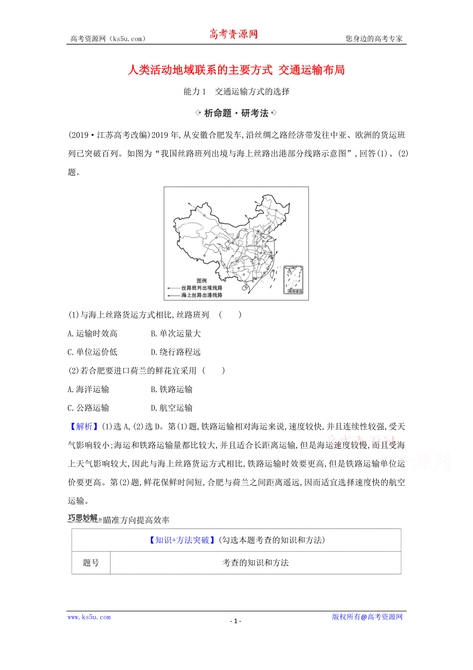 2021届高考地理一轮复习8-1人类活动地域联系的主要方式交通运输布局练习鲁教版 WORD版含解析.doc_第1页