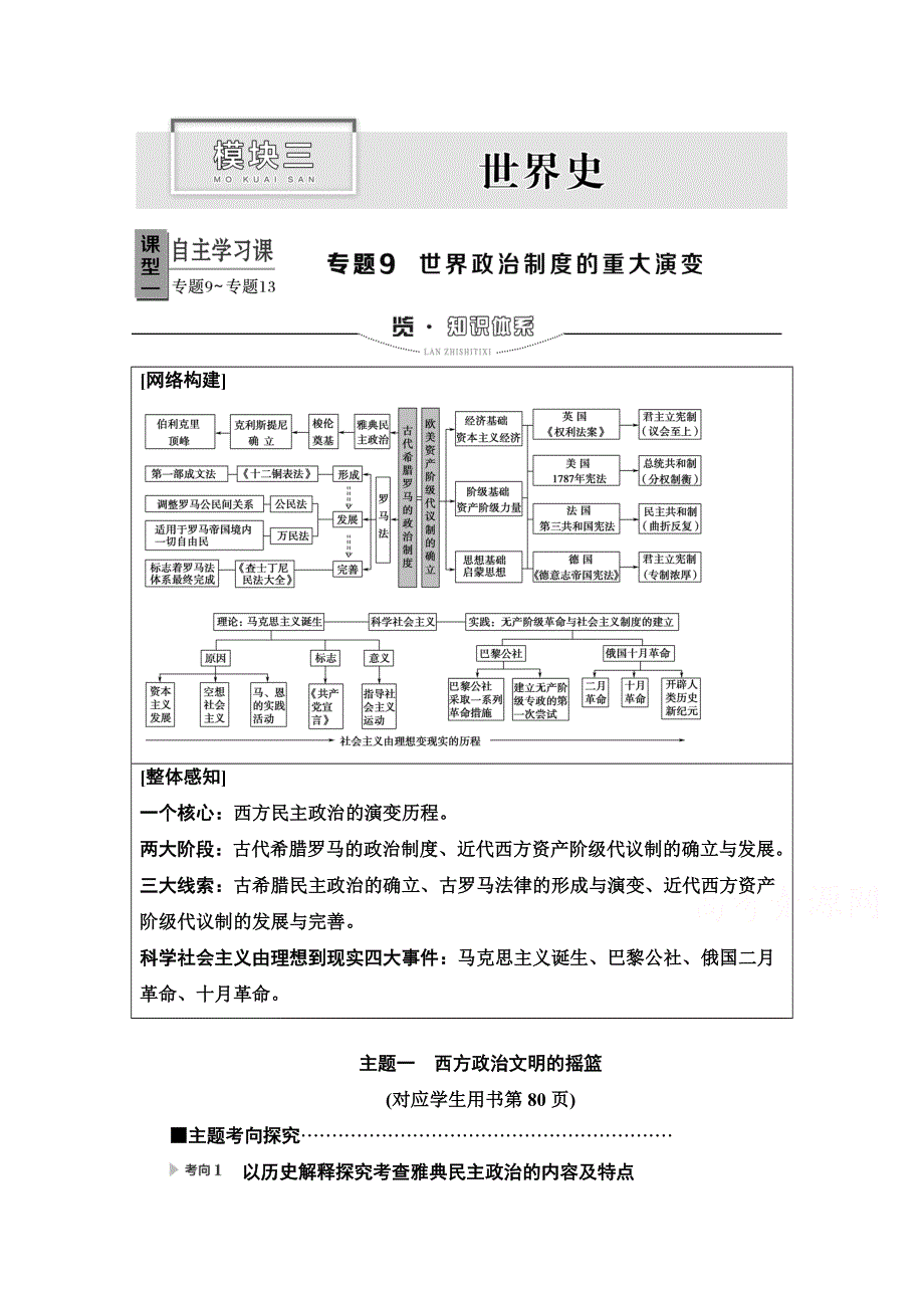 2020新课标高考历史二轮专题版教师用书：模块3 专题9　世界政治制度的重大演变 WORD版含解析.doc_第1页