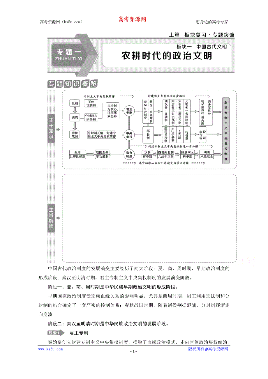 2020新课标高考历史二轮专题版讲义：专题一　农耕时代的政治文明 WORD版含解析.doc_第1页