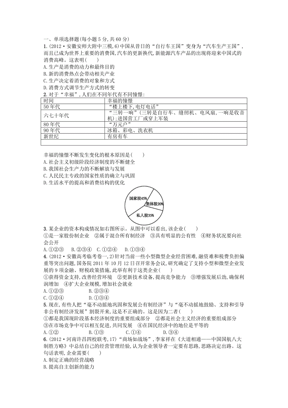 2013年高考政治二轮复习试题（含解析） 专题整合突破 专题02 企业经营与劳动就业 WORD版含答案.doc_第1页