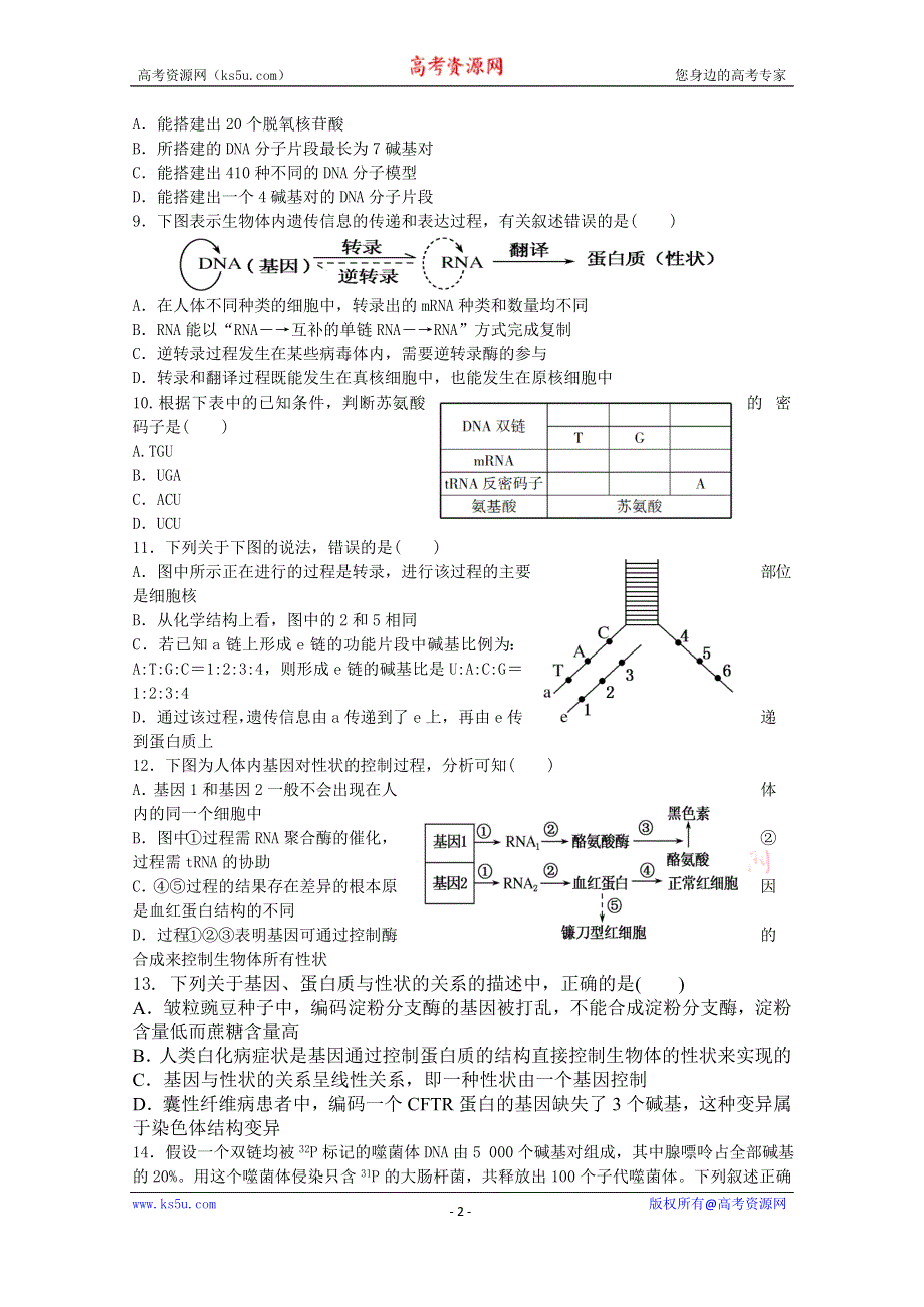 《全国百强校》山西省忻州市第一中学高三生物第二轮复习专题训练：专题六 12基因的结构与功能 WORD版含答案.doc_第2页