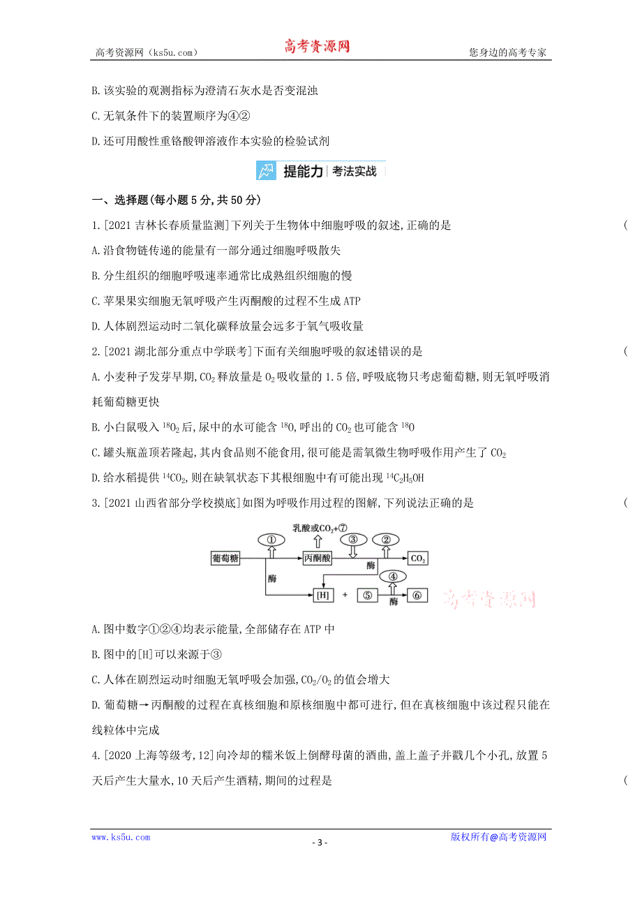 2022届新高考通用版生物一轮复习训练：专题五 细胞呼吸 2 WORD版含解析.doc_第3页