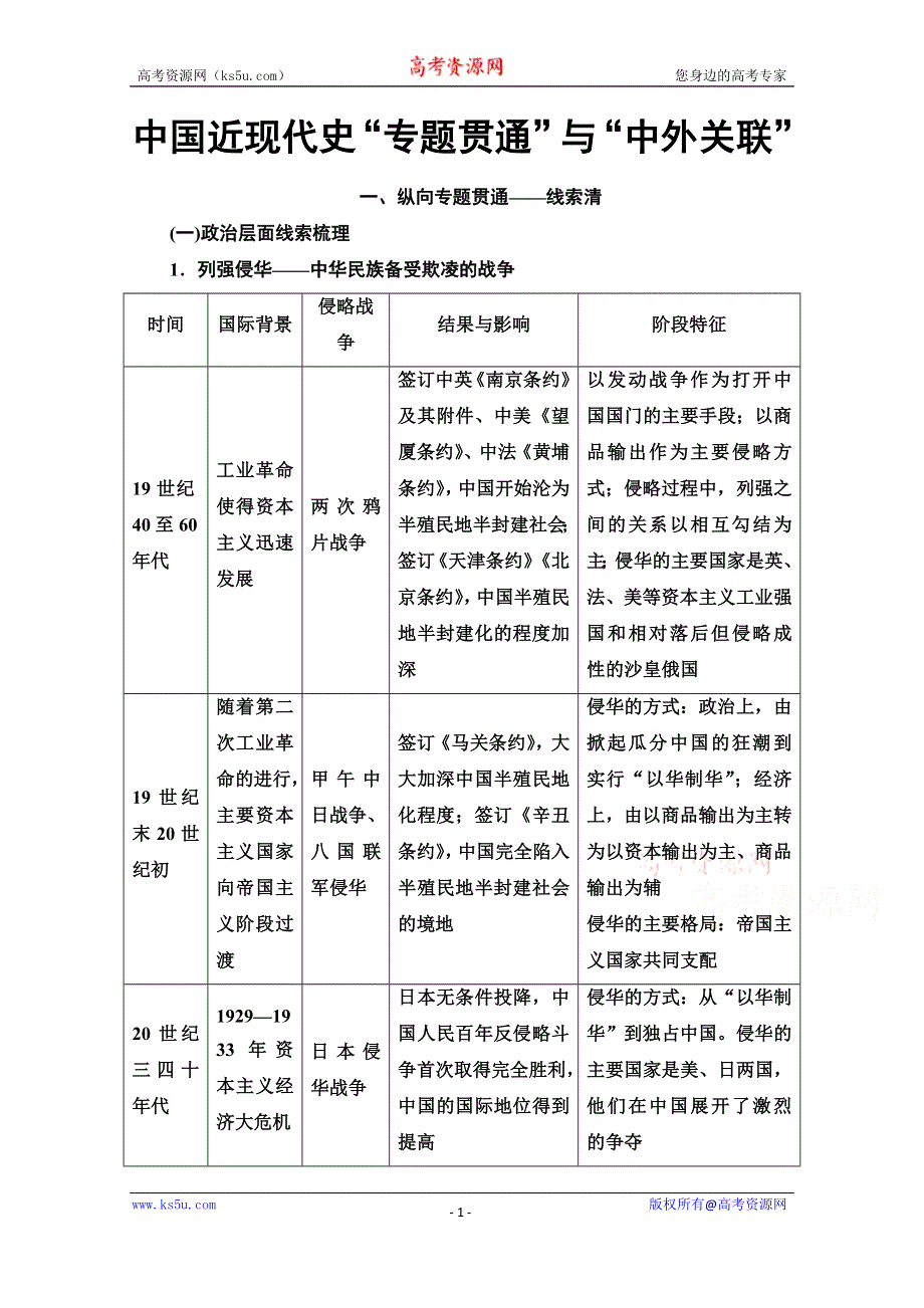 2020新课标高考历史二轮通史版教师用书：第1部分 第2篇 中国近现代史“专题贯通”与“中外关联” WORD版含解析.doc_第1页