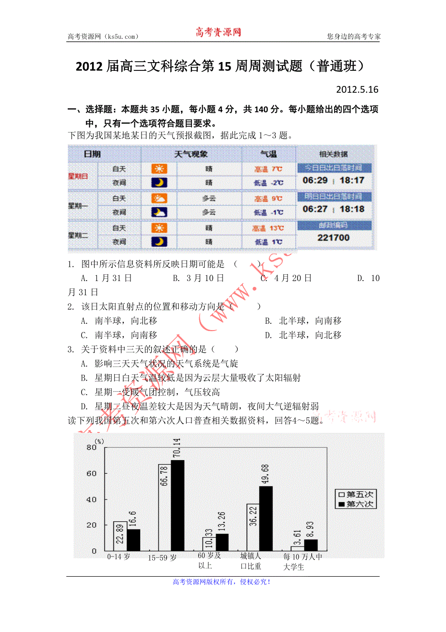 广东省佛山市禅城实验高级中学2012届高三第15周周测文科综合试题（普通班）.doc_第1页