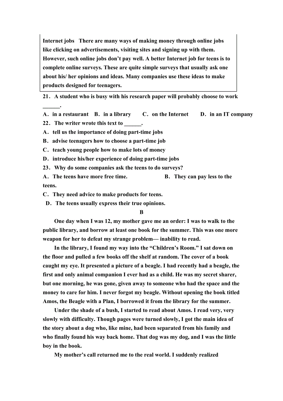 宁夏青铜峡市高级中学2021-2022学年高二上学期开学考试英语试题 WORD版含答案.docx_第3页