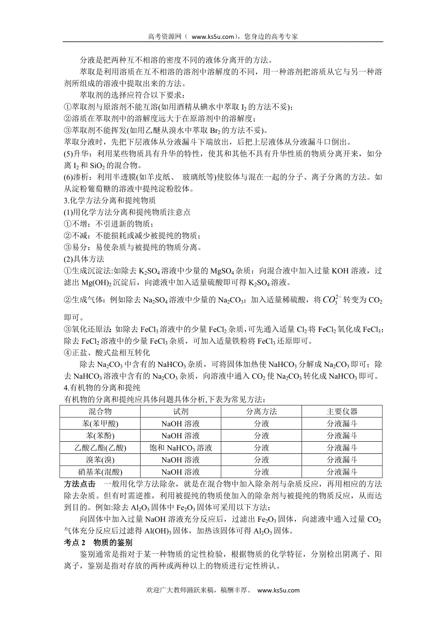 2012届高考化学二轮复习专题辅导资料：9 .物质的分离、提纯与检验.doc_第2页