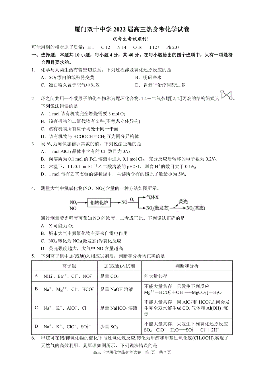 2022届福建省厦门双十中学高三热身考化学试题含答案.pdf_第1页