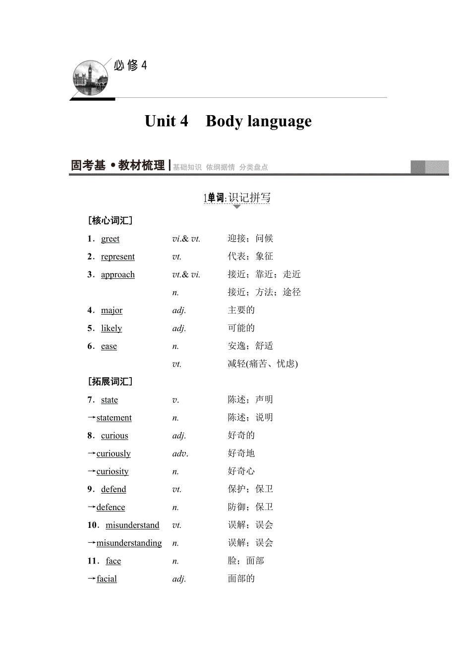 2018高三英语（浙江专版）一轮复习（教师用书）第1部分 必修4 UNIT 4　BODY LANGUAGE WORD版含答案.doc_第1页