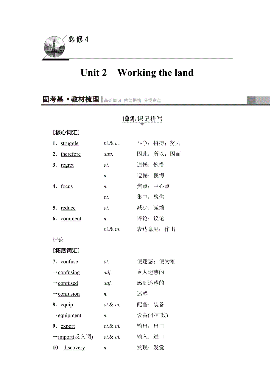 2018高三英语（浙江专版）一轮复习（教师用书）第1部分 必修4 UNIT 2　WORKING THE LAND WORD版含答案.doc_第1页