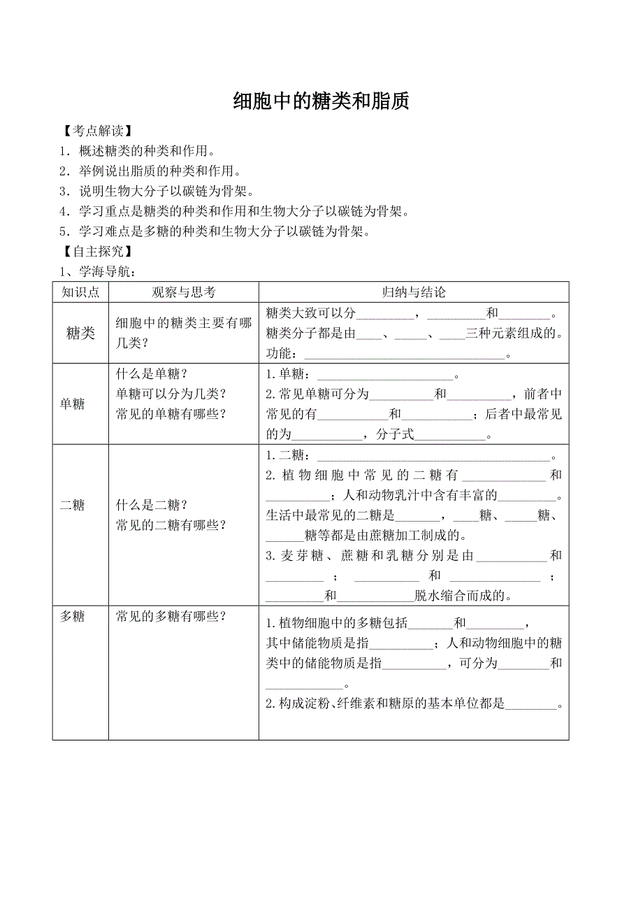 《河东教育》2014年山西省运城市康杰中学高一生物人教版必修1：备课资料 2.4《细胞中的糖类和脂质》.doc_第1页