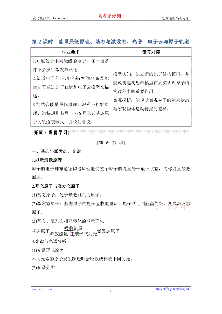 2020新突破化学选修三人教版（新课标地区）专用讲义+精练：第1章第一节 第2课时 能量最低原理、基态与激发态、光谱 电子云与原子轨道 WORD版含解析.doc_第1页