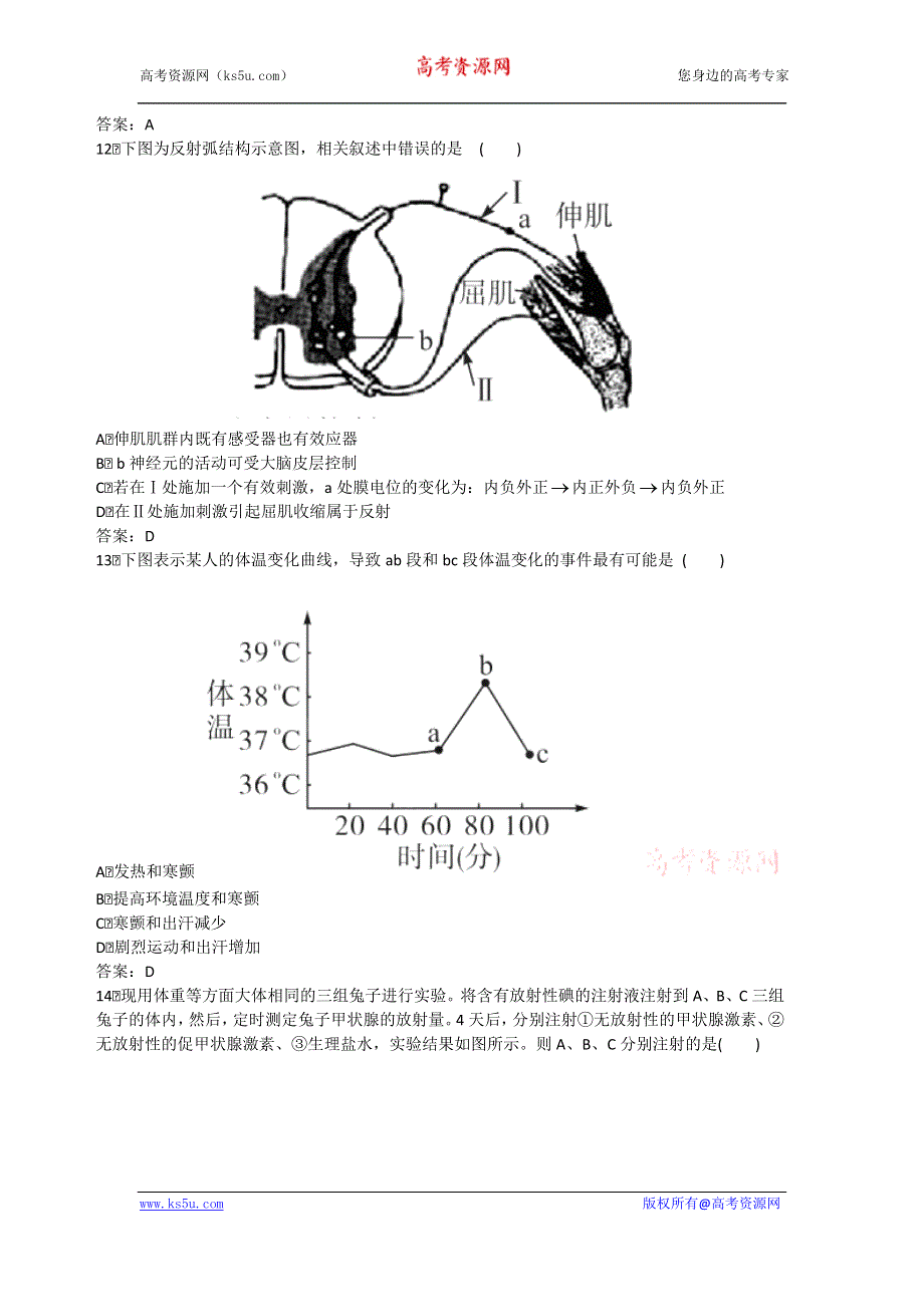 山东省新人教版生物2012届高三单元测试8：《动物和人体生命活动的调节》.doc_第3页