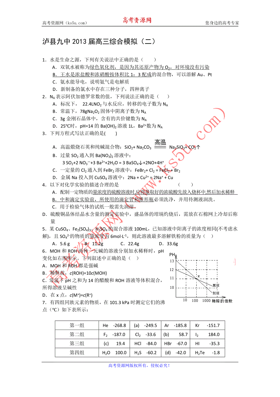 四川省泸县九中2013届高三综合模拟（2）化学试题.doc_第1页