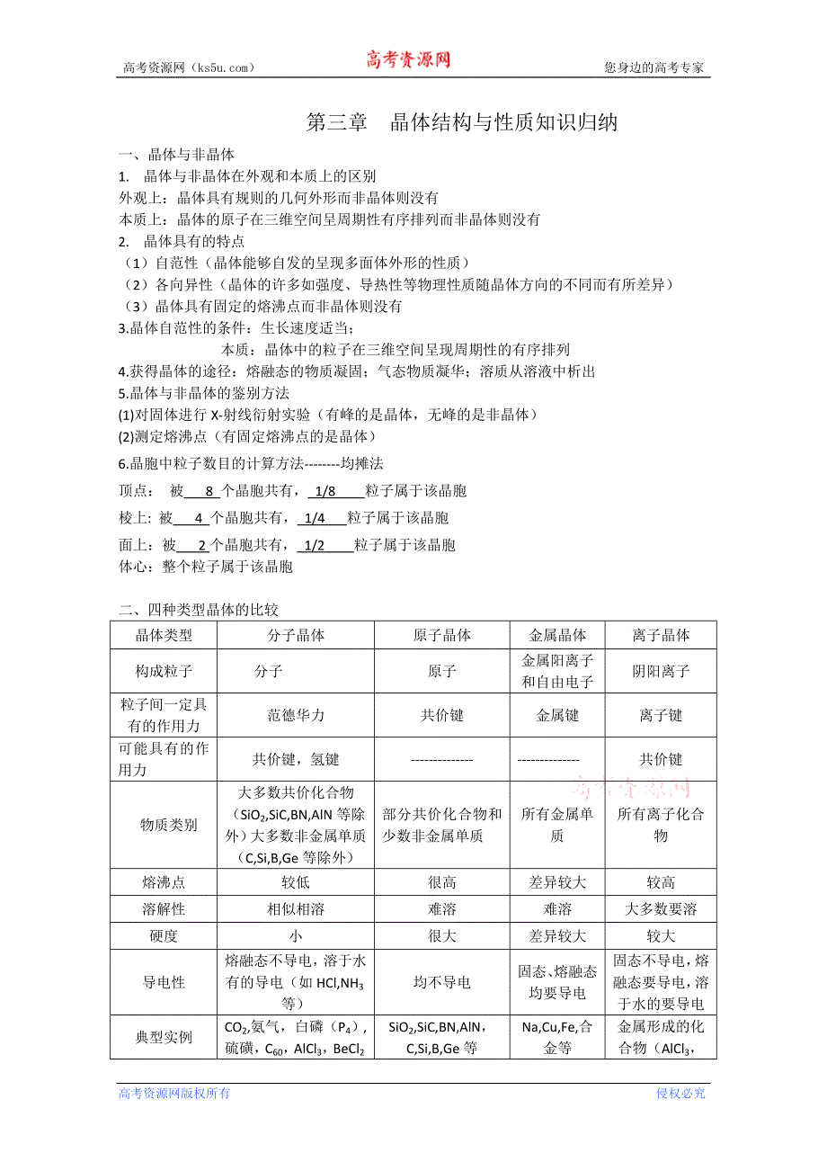 四川省泸县九中2012-2013学年高二化学《第三章 晶体结构与性质》知识归纳（选修3）.doc_第1页