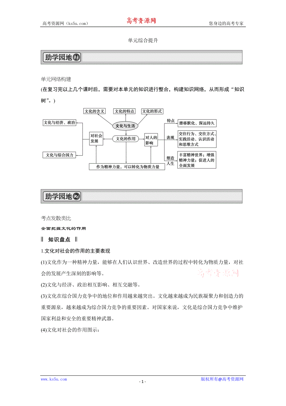 2013届高考新课标政治一轮复习精品学案：第一单元 文化与生活单元综合提升（新人教必修3）.doc_第1页