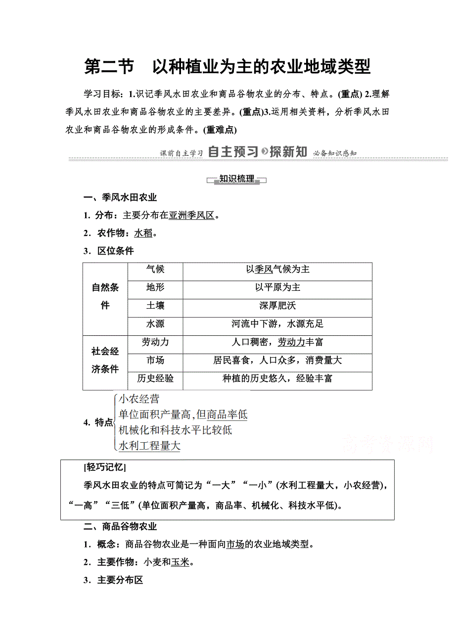 2020-2021学年人教版高中地理必修2学案：第3章 第2节　以种植业为主的农业地域类型 WORD版含解析.doc_第1页