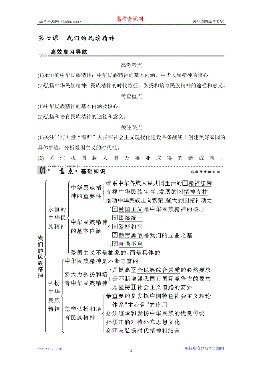 2013届高考新课标政治一轮复习精品学案：3.7我们的民族精神（新人教必修3）.doc_第1页