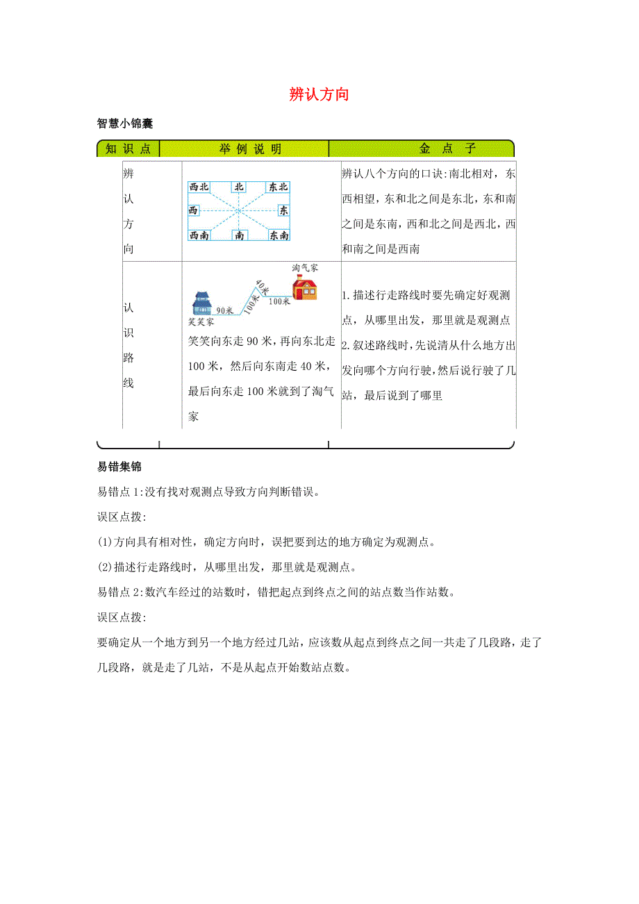 三年级数学下册 三 辨认方向知识清单素材 冀教版.docx_第1页