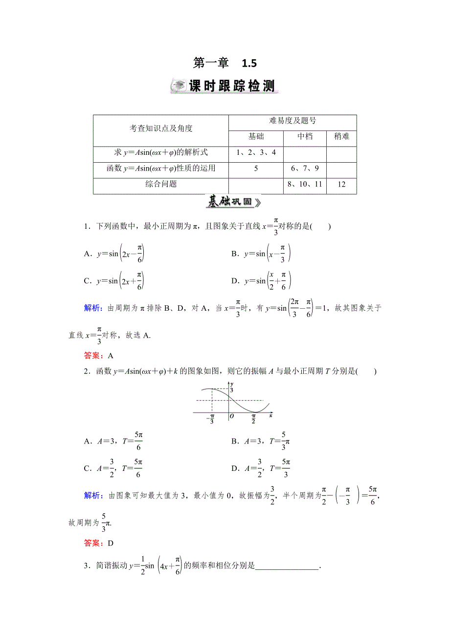 《优化指导》2015年高中数学人教A版必修4练习：1.5（2） 检测 函数Y＝ASIN（ΩX＋Φ）的图象（二） WORD版含答案.doc_第1页