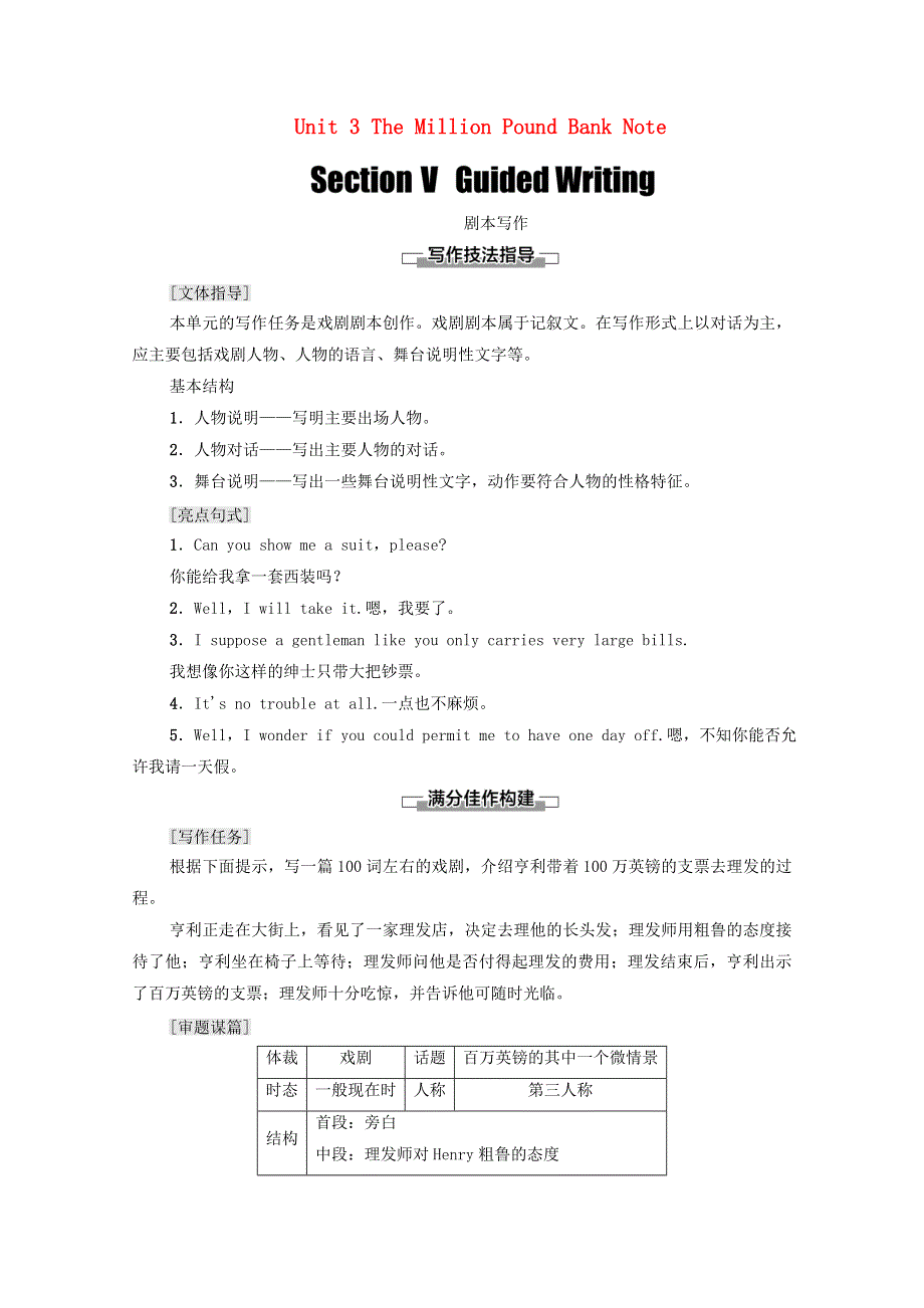 2020-2021学年人教版高中英语必修3学案：UNIT3 THE MILLION POUND BANK NOTE SECTIONⅤGUIDED WRITING WORD版含答案.doc_第1页