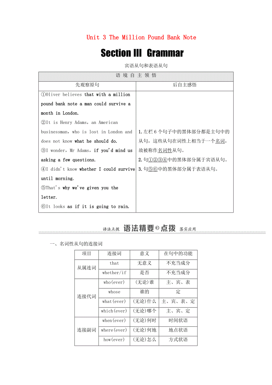 2020-2021学年人教版高中英语必修3学案：UNIT3 THE MILLION POUND BANK NOTE SECTIONⅢ GRAMMAR WORD版含答案.doc_第1页