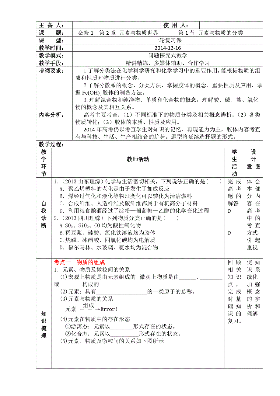 山东滕州2015 高三复习评比优秀教案 鲁科版化学 必修1 第2章 元素与物质世界 第1节 元素与物质的分类 .doc_第1页