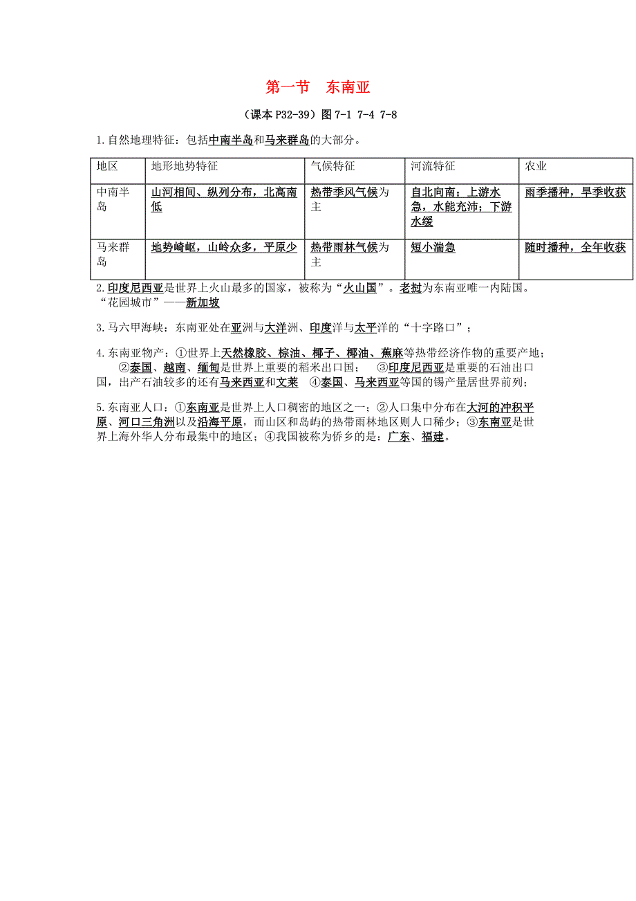 七年级地理下册 第七章 了解地区 7.1 东南亚复习提纲 （新版）湘教版.docx_第1页