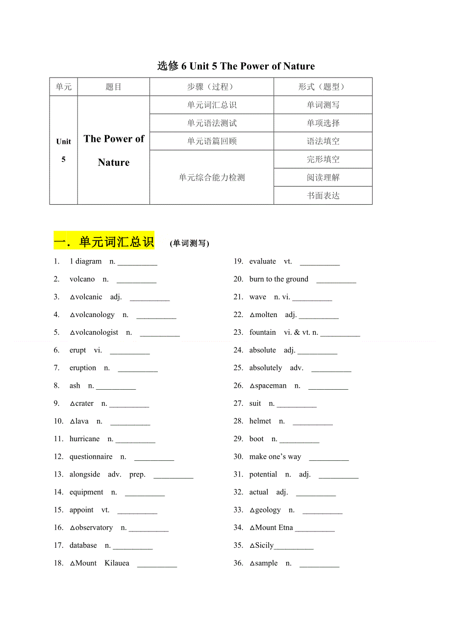 2020-2021学年人教版高二上学期期末英语单元测试：选修6 UNIT5 THE POWER OF NATURE WORD版含答案.doc_第1页