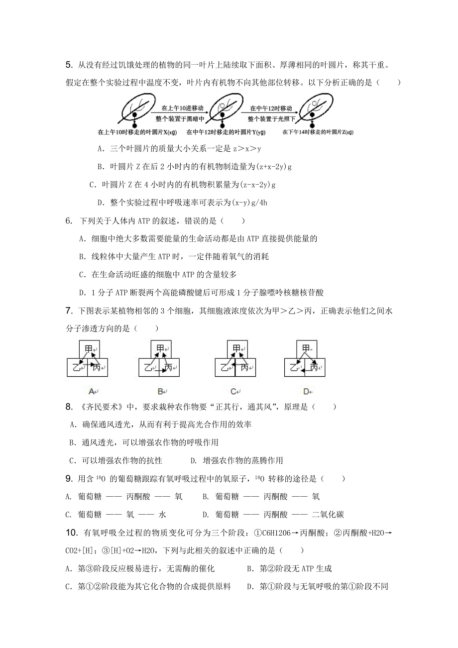 山东省中图版生物2012届高三单元测试5：《细胞的新陈代谢》（必修1）.doc_第2页