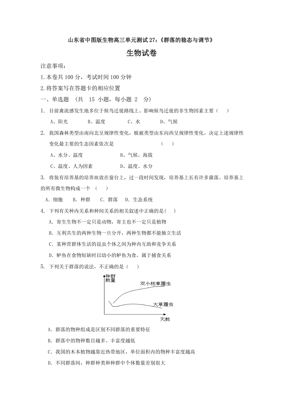 山东省中图版生物2012届高三单元测试27：《群落的稳态与调节》（必修3）.doc_第1页