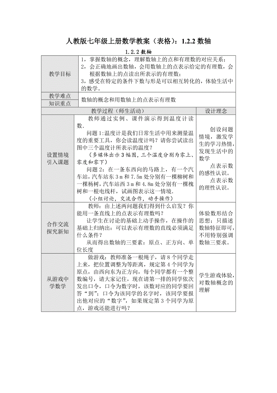 人教版七年级上册数学教案（表格）：1.2.2数轴.docx_第1页