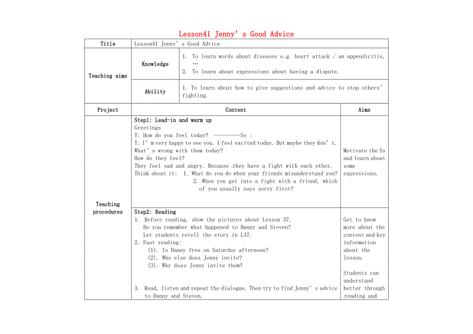 2022九年级英语下册 Unit 7 Work for Peace Lesson 41 Jennys Good Advice教学设计（新版）冀教版.doc_第1页