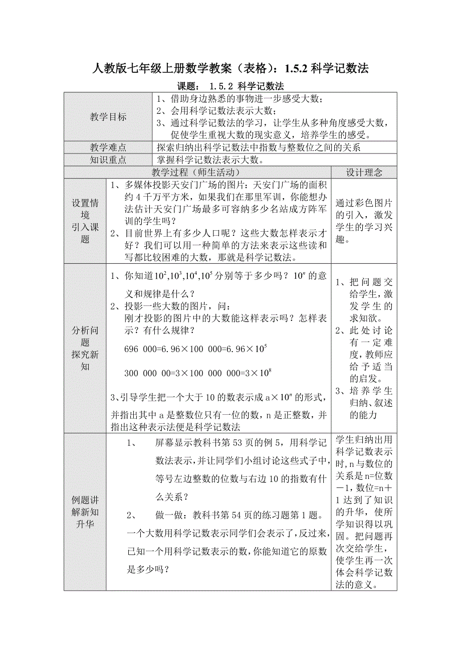 人教版七年级上册数学教案（表格）：1.5.2科学记数法.docx_第1页