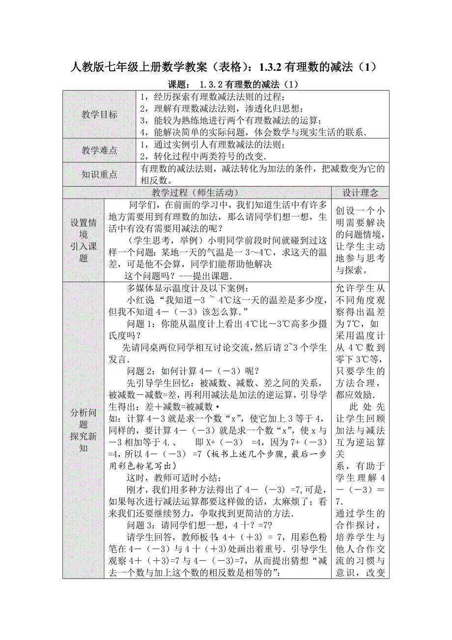 人教版七年级上册数学教案（表格）：1.3.2有理数的减法（1）.docx_第1页