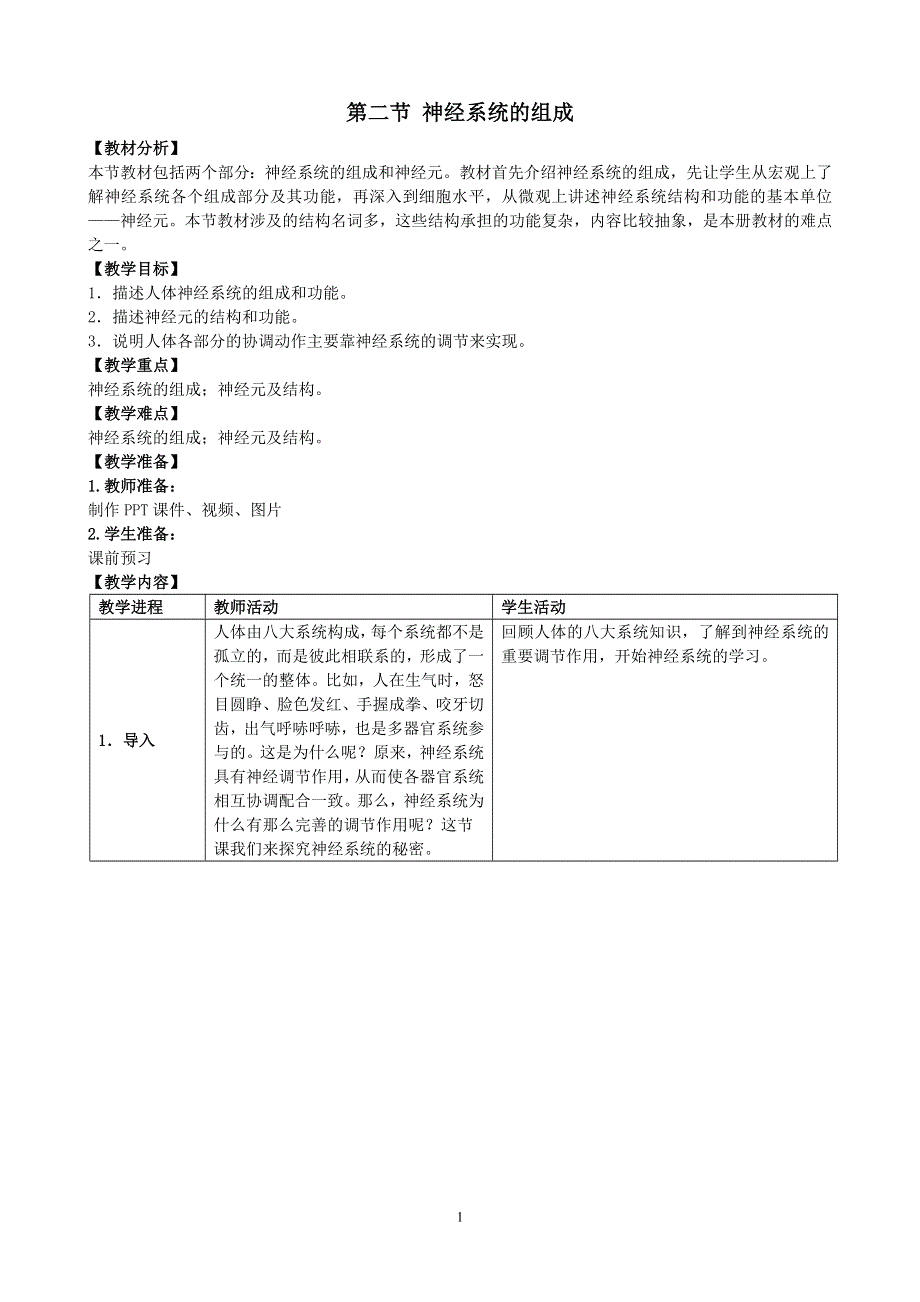 人教版七年级生物下册：第6章第二节《神经系统的组成》教案2.doc_第1页