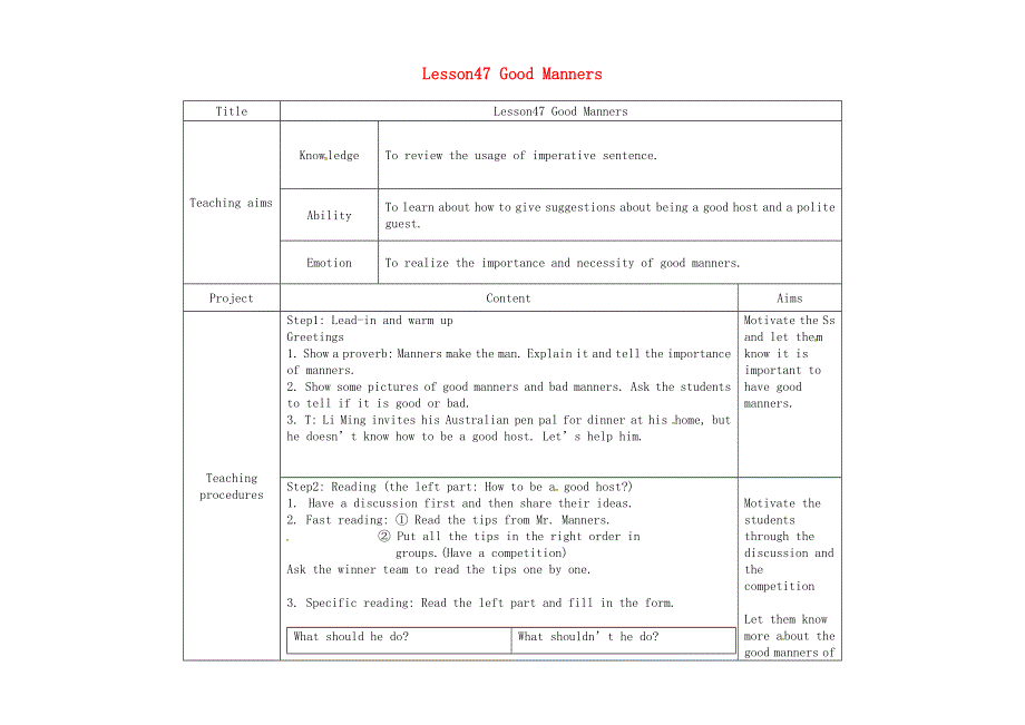 2022九年级英语下册 Unit 8 Culture Shapes Us Lesson 47 Good Manners教学设计（新版）冀教版.doc_第1页