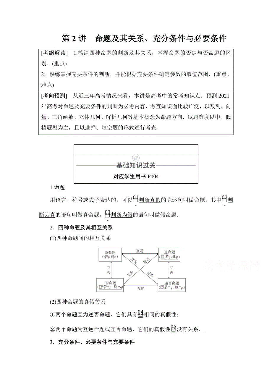 2021届山东高考数学一轮创新教学案：第1章　第2讲　命题及其关系、充分条件与必要条件 WORD版含解析.doc_第1页