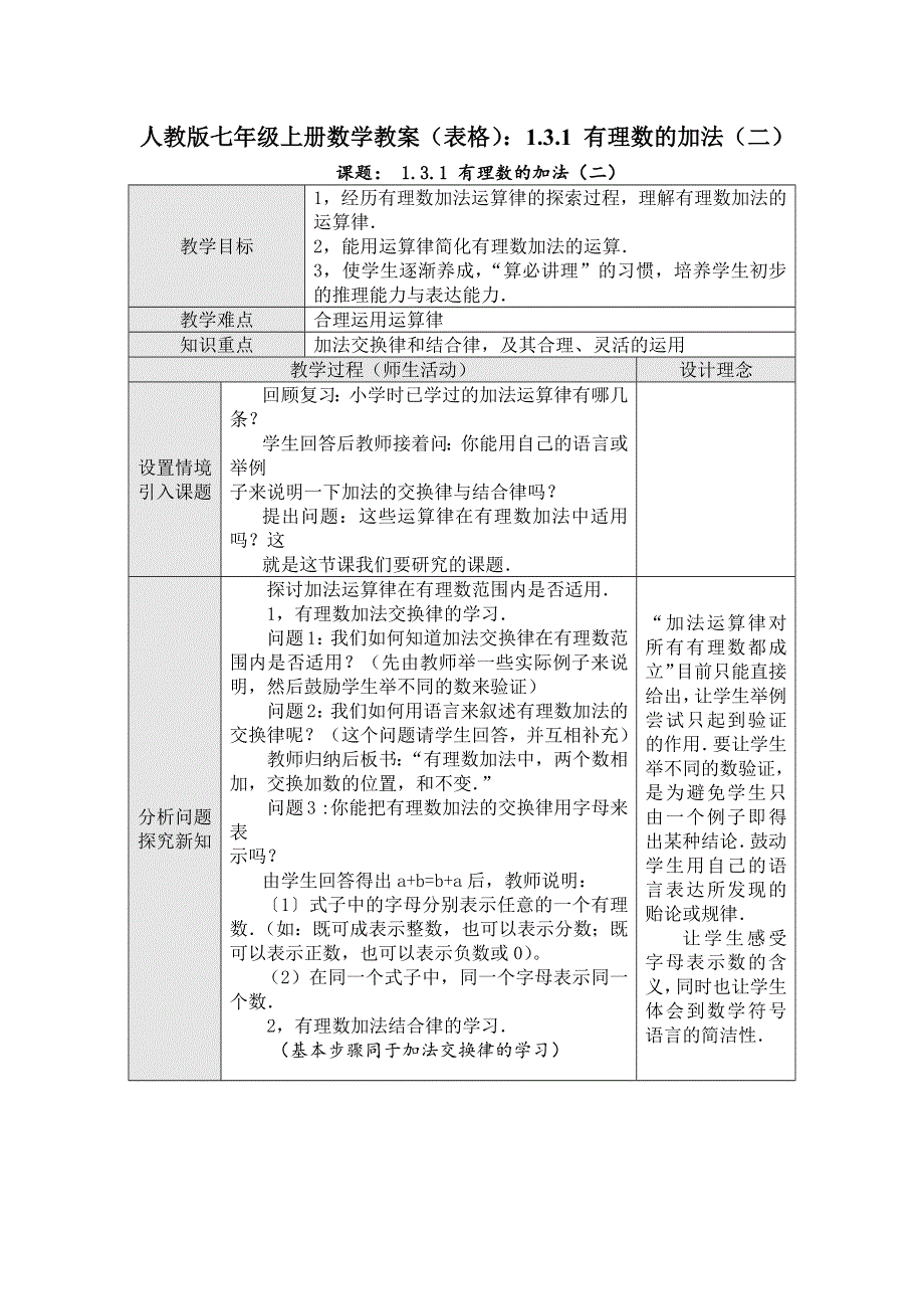 人教版七年级上册数学教案（表格）：1.3.1 有理数的加法（二）.docx_第1页