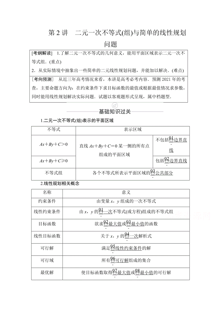 2021届山东高考数学一轮创新教学案：第6章 第2讲 二元一次不等式（组）与简单的线性规划问题 WORD版含解析.doc_第1页