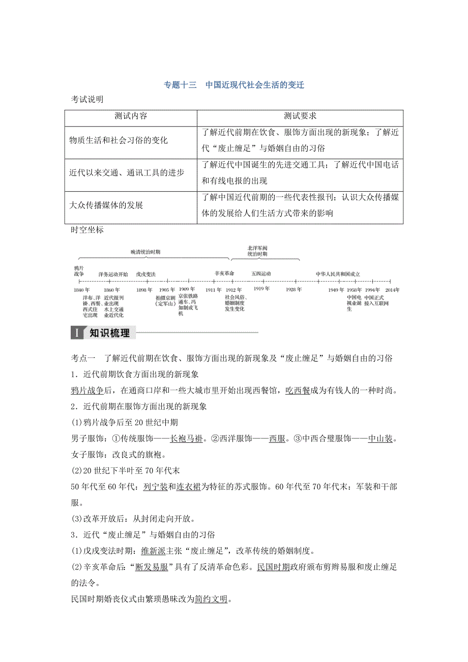 2018年江苏小高考历史《学业水平测试》讲练稿（知识梳理 考题演练 挑战A级）：专题十三 中国近现代社会生活的变迁 WORD版含答案.doc_第1页