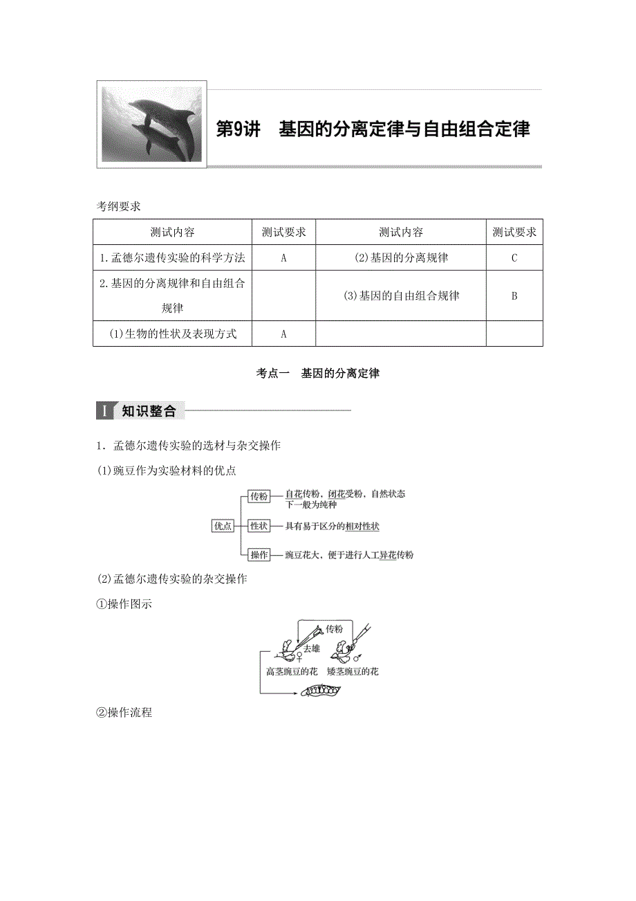 2018年江苏小高考生物《学业水平测试》讲练稿（知识整合 考题探究 专题训练）：第9讲 基因的分离定律与自由组合定律 WORD版含答案.doc_第1页