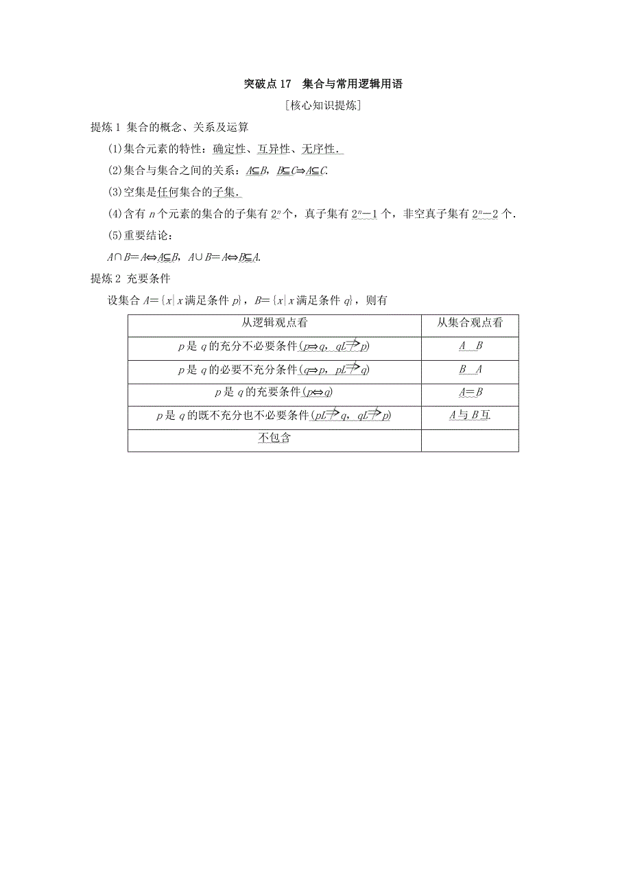 2018年浙江高考数学二轮复习教师用书：第2部分 必考补充专题 突破点17 集合与常用逻辑用语 WORD版含答案.doc_第1页