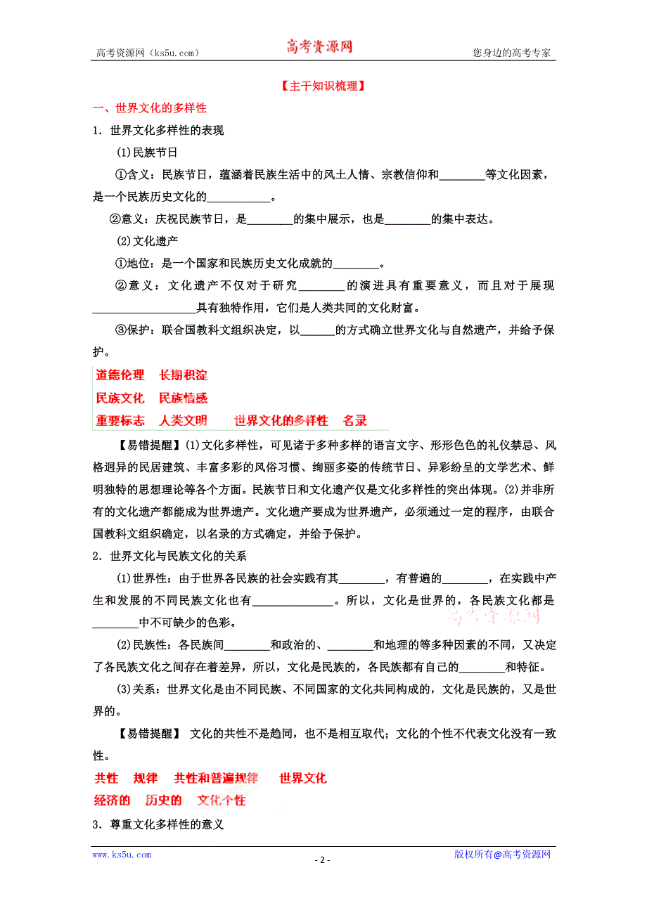 《开学大礼包》2013届高考政治一轮复习精品学案 必修3 专题23 文化的多样性与文化传播（教师版）.doc_第2页