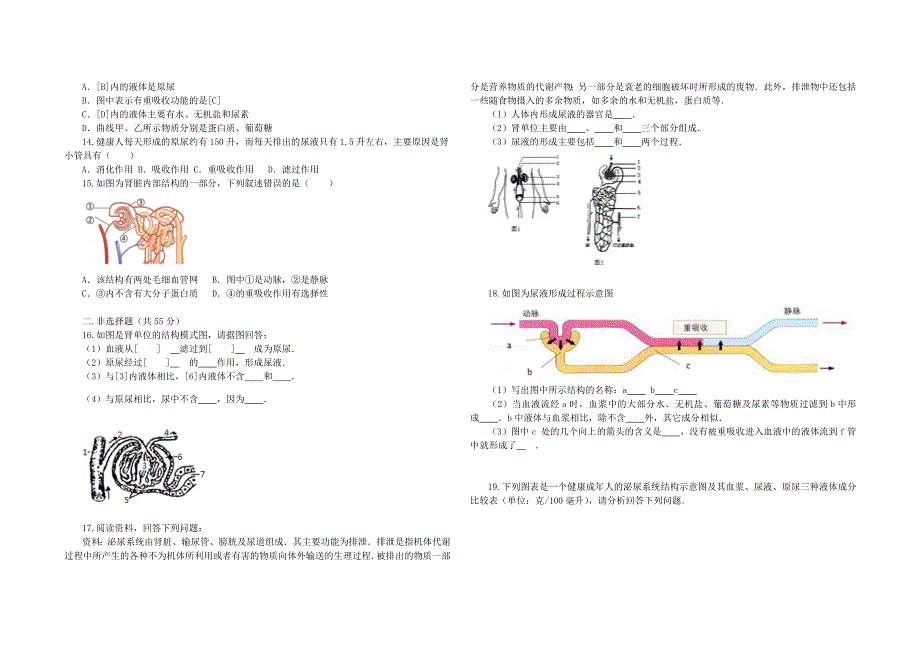 七年级生物下册 第四单元 第五章 人体内废物的排出单元综合测试题B卷 （新版）新人教版.docx_第2页