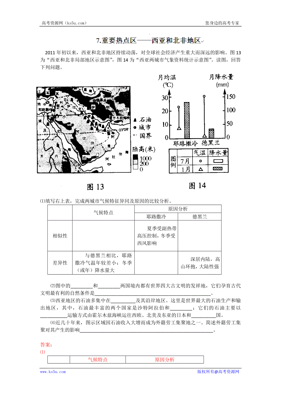 关注热点押题系列 2013届高考地理必修三《热点区域-西亚北非》 WORD版含答案.doc_第1页