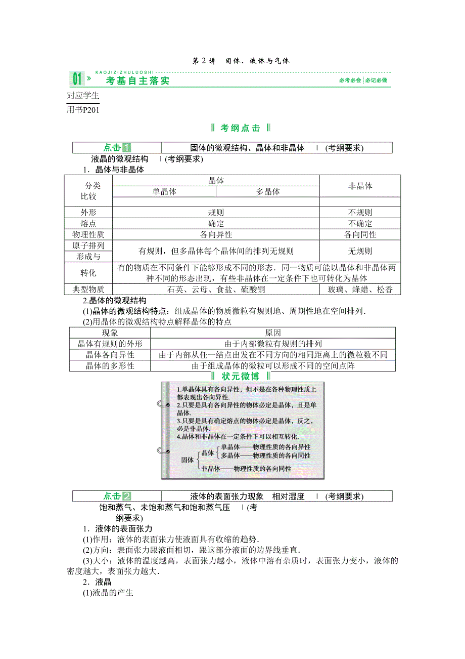 2013届高考物理一轮复习讲义：选修3-3 第2讲 固体、液体与气体.doc_第1页