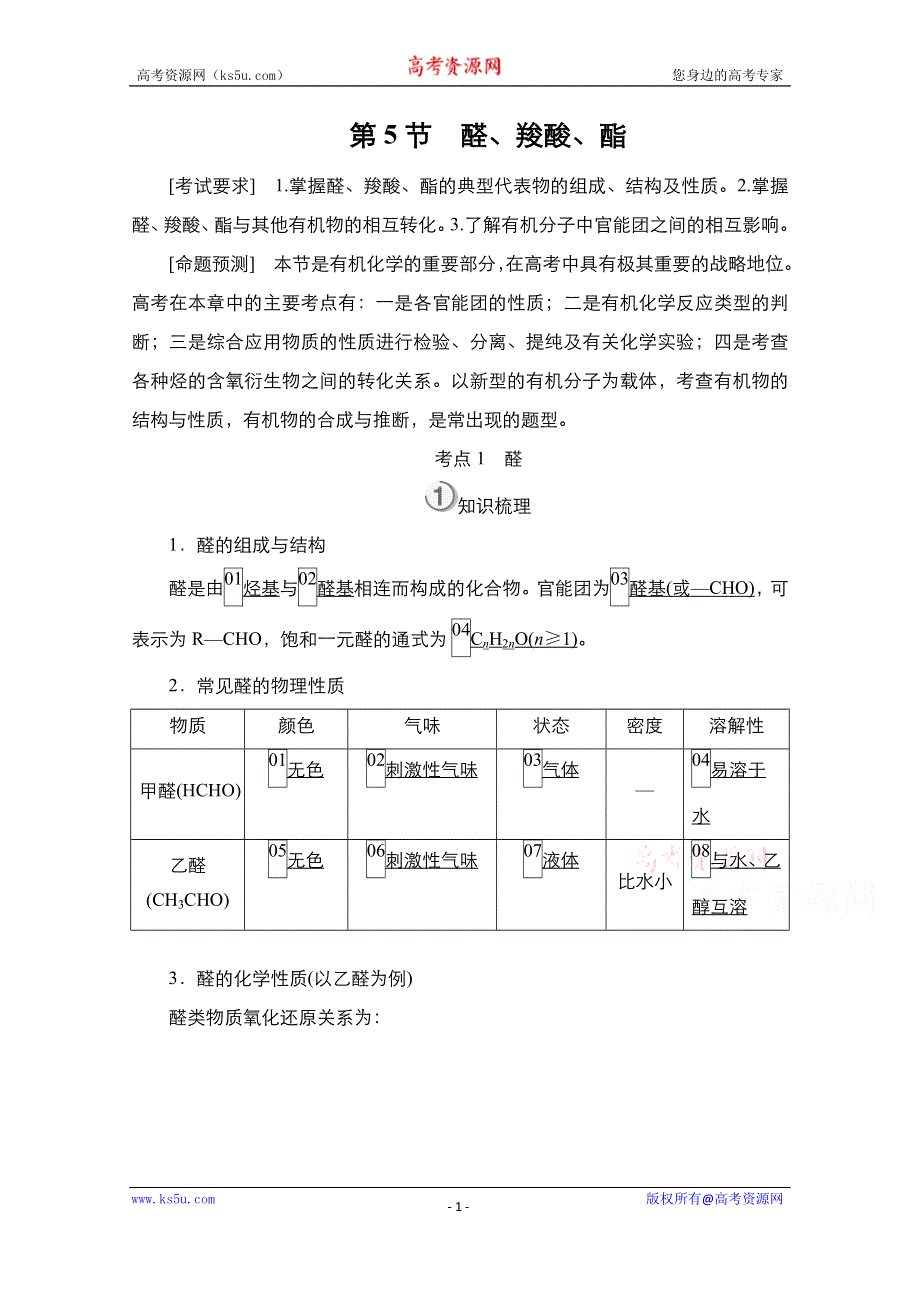 2021届新高考化学一轮复习（选择性考试A方案）学案：第12章 第5节 醛、羧酸、酯 WORD版含解析.doc_第1页