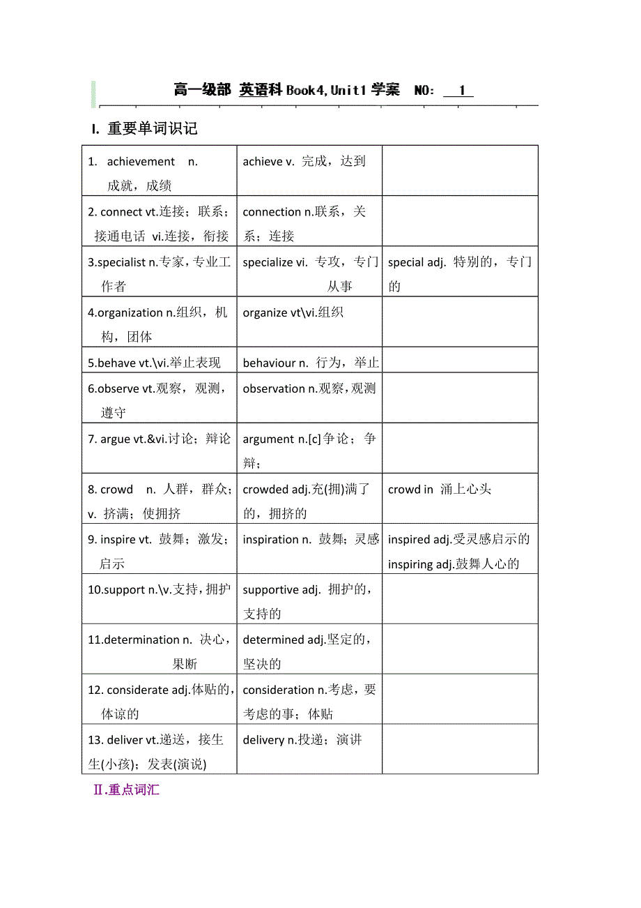 山东省临朐实验中学高中英语（新人教版必修4）导学案：《BOOK4,UNIT1 WOMEN OF ACHIEVEMENT》1.doc_第1页